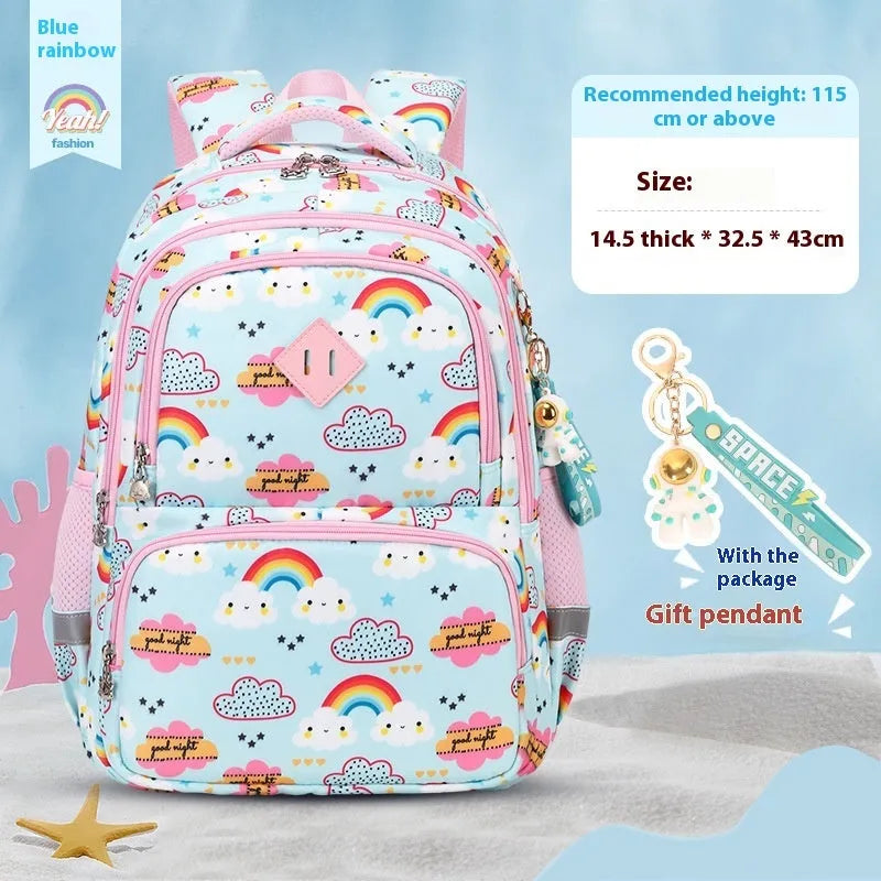Blue dinosaur print waterproof Oxford cloth children's school backpack with curved shoulder straps.