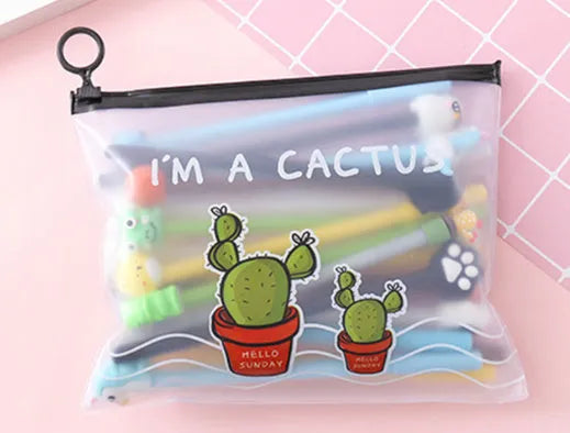 Marvel cartoon cactus boy and girl design pens in a plastic storage case.