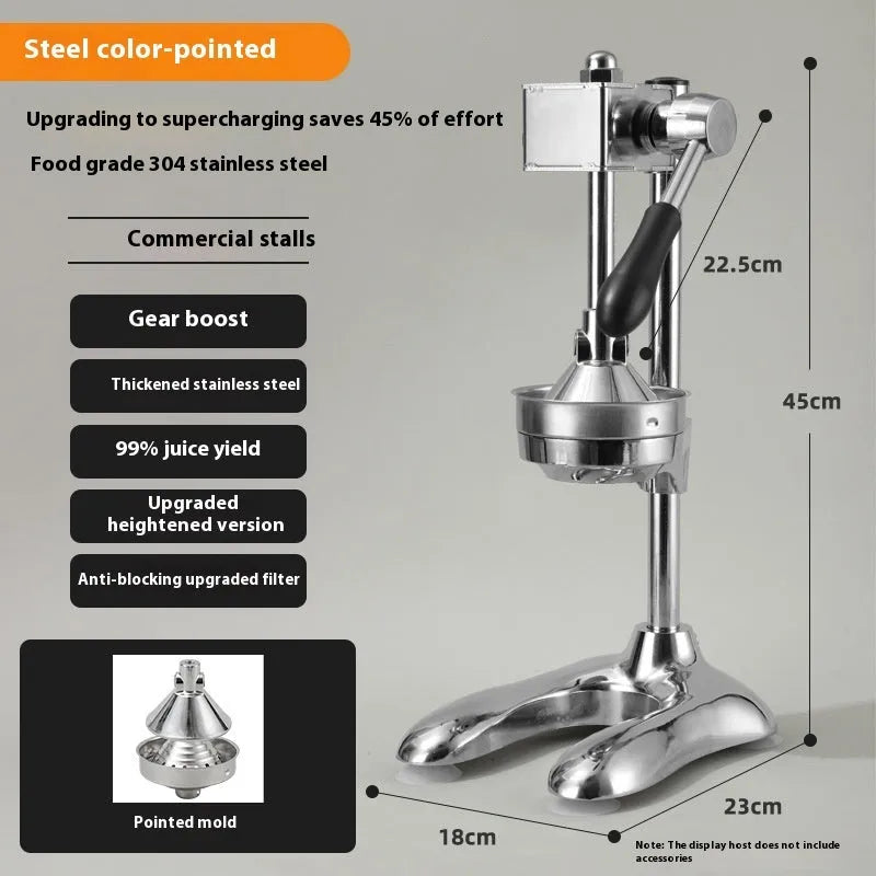 Vertical stainless steel manual juicer with three tip options: pointed head, flat head, and double head.