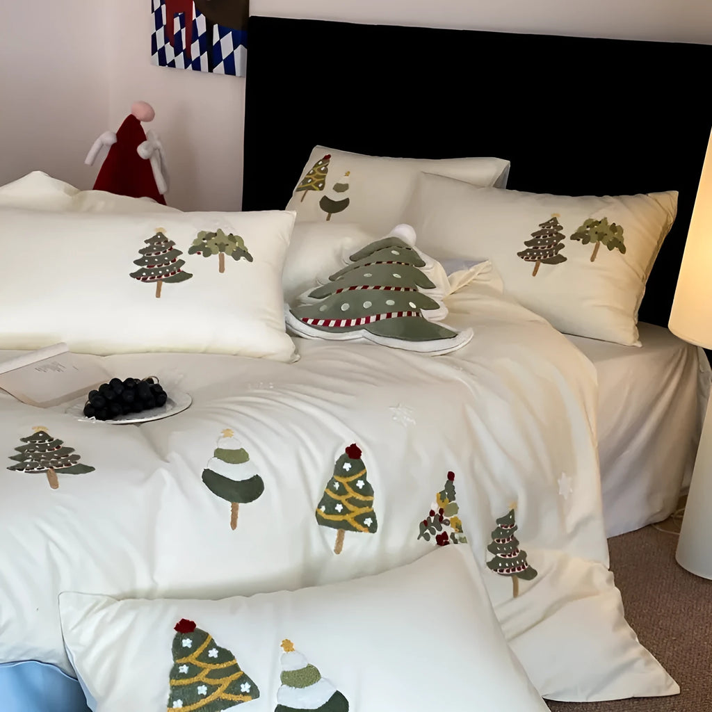 Christmas tree towel embroidery on pure cotton four-piece bedding set in cream blue or green colours