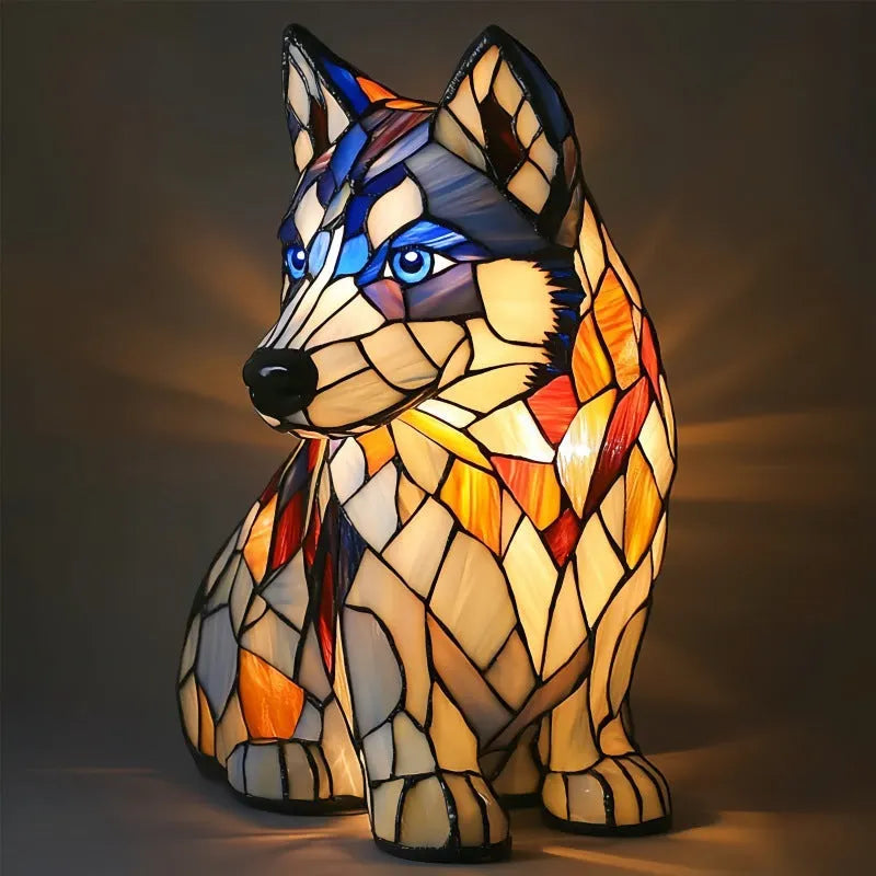 Colourful resin dog lamp decoration in pug shape, button battery powered, on a shelf