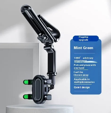 Grey and green car mobile phone holder bracket with one-click stable clip for dashboard mounting.