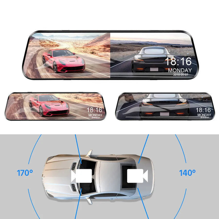 10-inch black HD rearview mirror driving recorder with 170-degree wide-angle lens and 12MP camera installed in a car