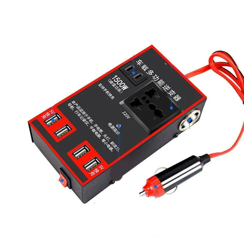Black automotive power converter with UK socket and USB ports for vehicle charging
