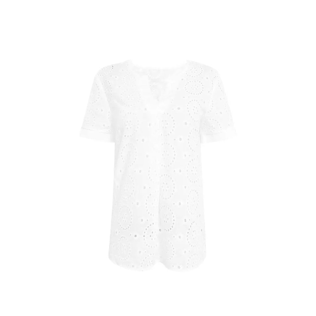 White women's V-neck T-shirt with hollow-out detail and short sleeves, loose casual fit.
