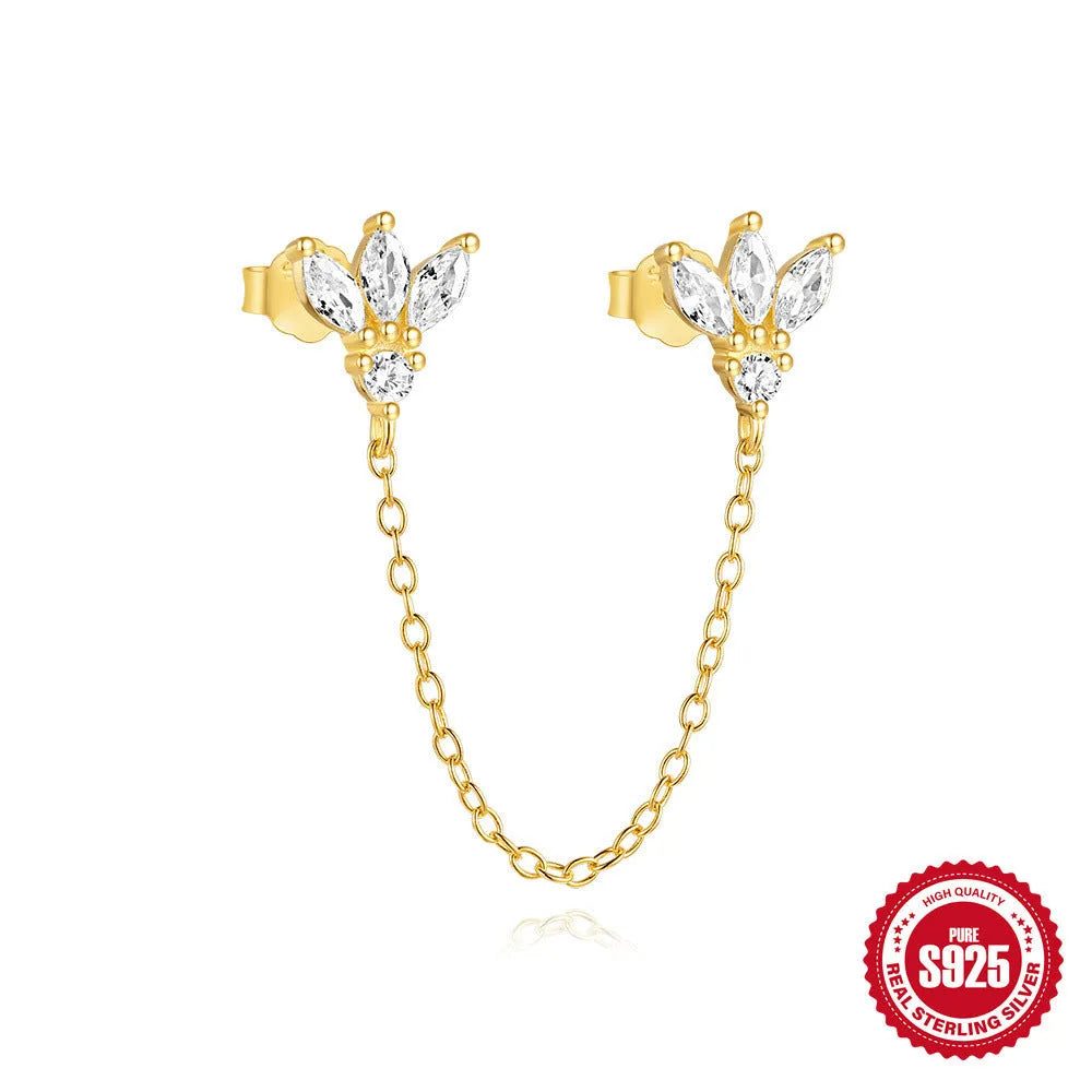 S925 sterling silver zircon stud earrings in golden geometric designs including clover, crown and chain styles