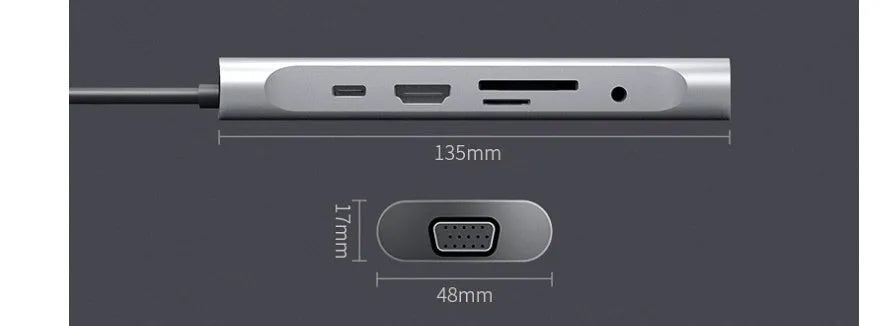 Grey aluminium USB-C docking station showing HDMI, VGA, USB 3.0, and power delivery ports
