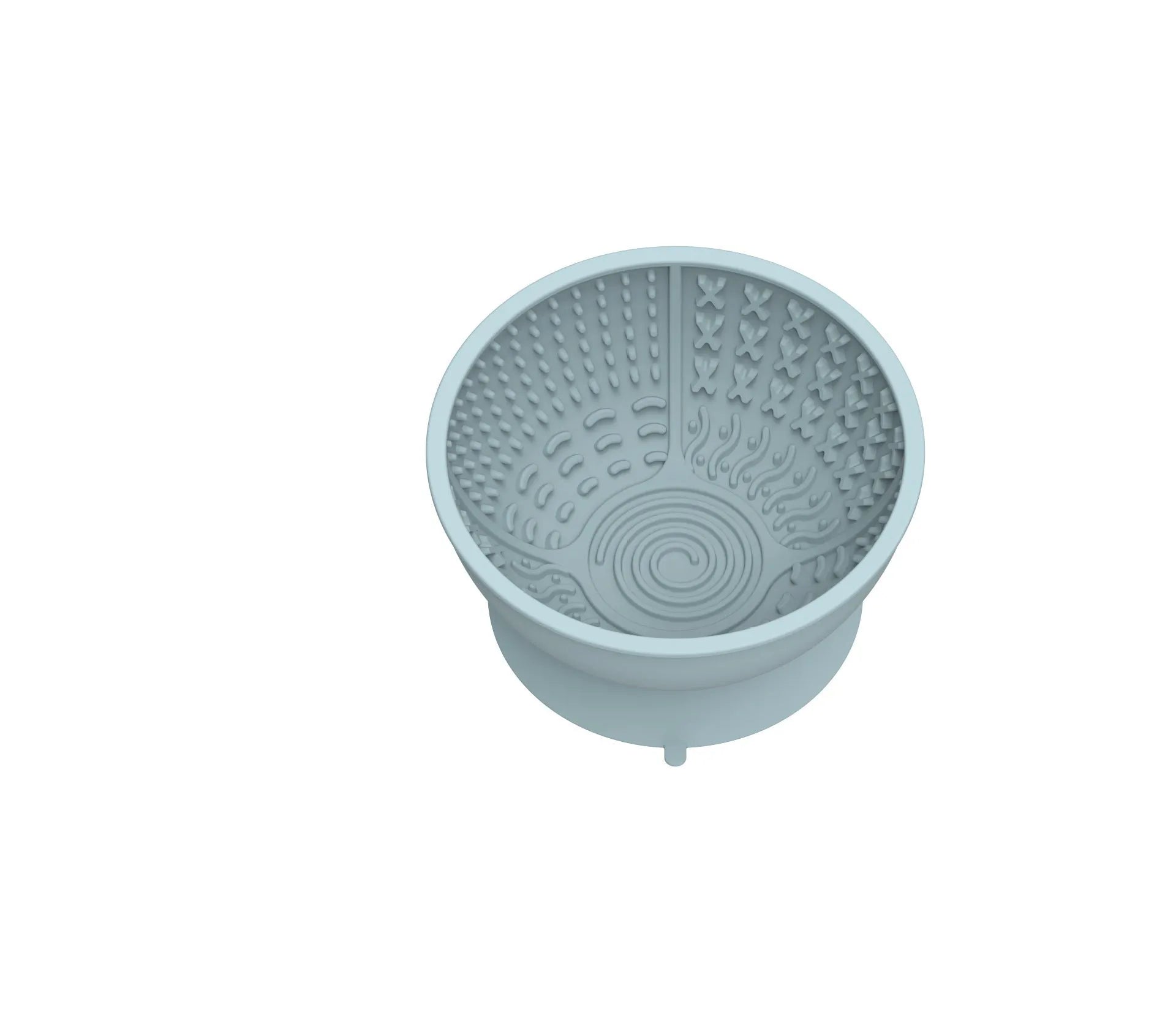 Cyan silicone slow feeding bowl for pets with suction cup base on a flat surface.