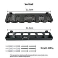 Black wall-mounted fishing rod storage rack in ABS plastic with vertical and horizontal mounting options