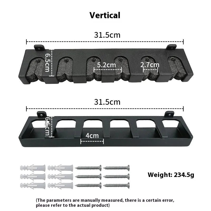 Black wall-mounted fishing rod storage rack in ABS plastic with vertical and horizontal mounting options
