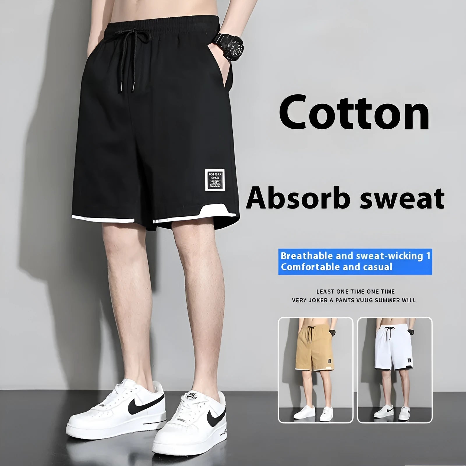 Boys cotton shorts in black, khaki, and white colors with mid waist design