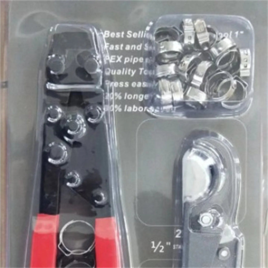 Red cloth PEX single ear clamp set with metal construction and carbon steel cutting edge