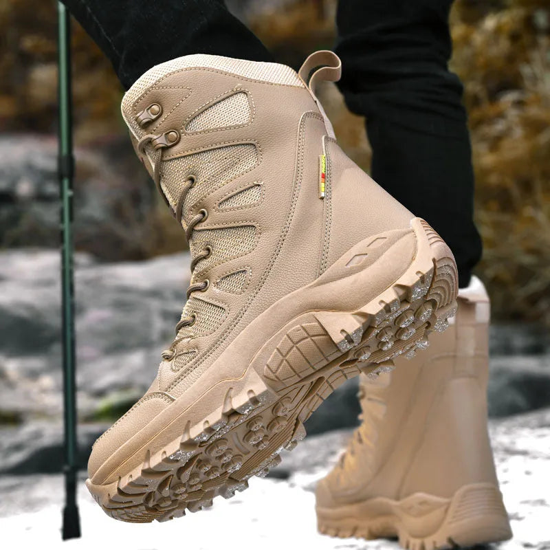 Men's beige hi-top hiking sneakers with a platform sole made from cowhide leather.