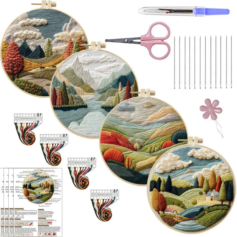 Embroidery DIY kit with printed landscape fabric, embroidery threads, needles, and frame for handmade cloth art
