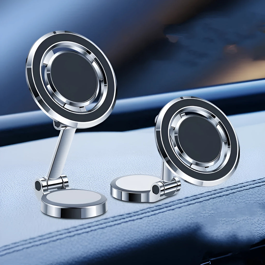 Car phone holder with flexible clip and 360-degree rotating bracket on dashboard