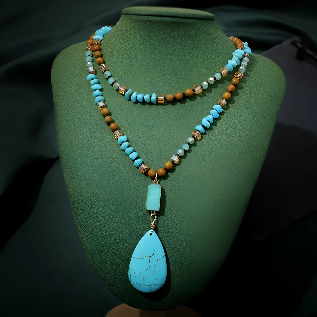 Blue turquoise water drop pendant necklace with heart-shaped gem inlay on ball bead chain
