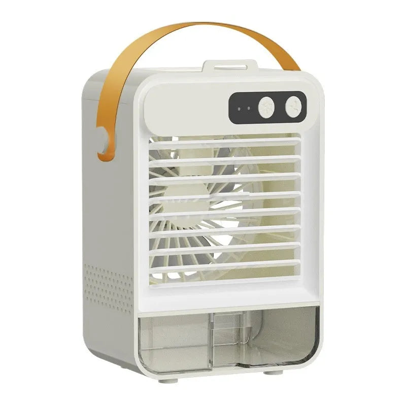 Dark green and ivory white compact USB desk fan with humidifier, showing 5 plastic blades.