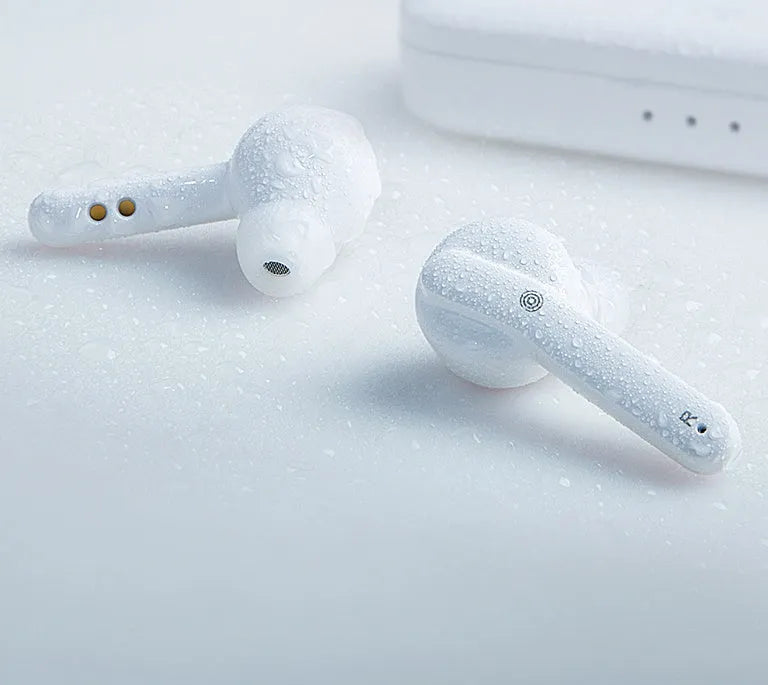 Black and white true wireless stereo earbuds with in-ear design and Bluetooth 5.0.