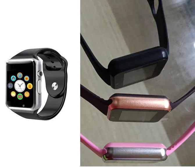 A1 GSM smart watch for Android with camera on a 1.54-inch screen, shown in various colours.