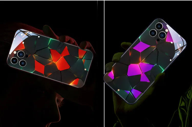 Xpress 14 tempered glass iPhone case with illuminated incoming light indicator and yellow green diamond grid design.