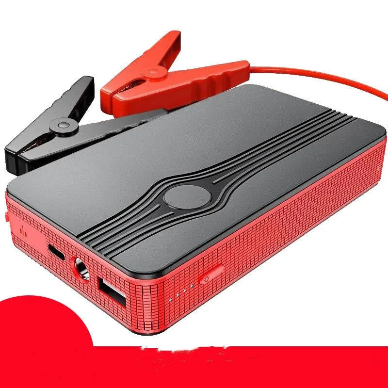 Red K4-E automobile emergency starting power supply unit with USB port and clamps for vehicle jump-starting