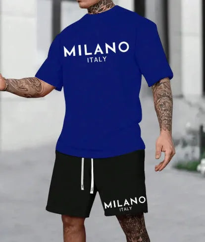 European style short sleeve suit set with round neck top and matching shorts in multiple colours