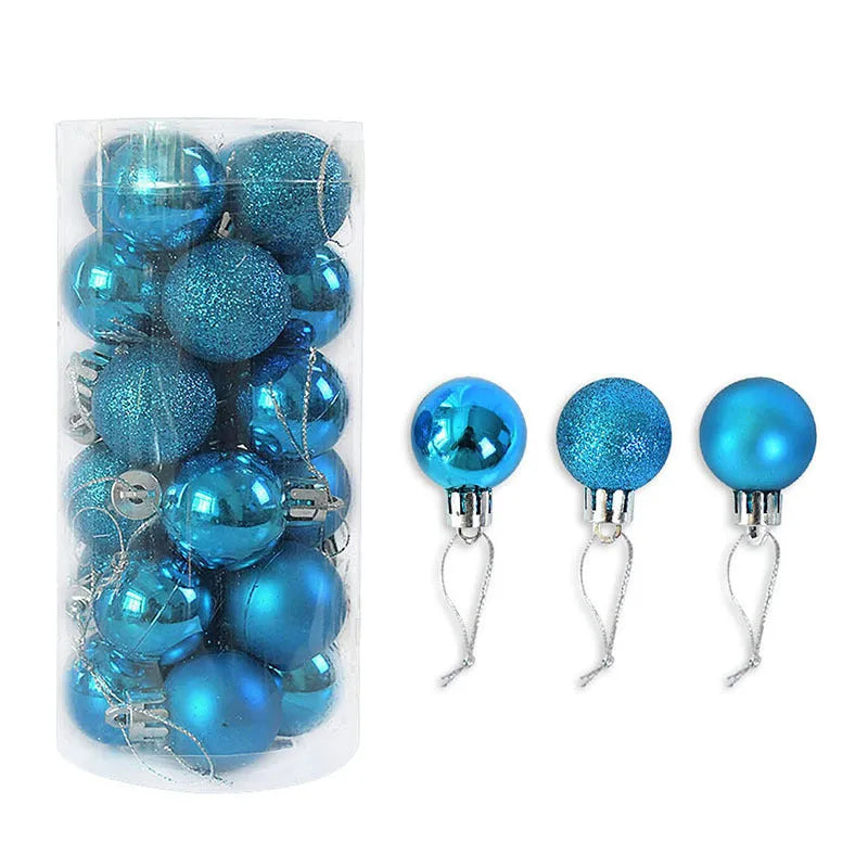 Shiny matte gold, red, silver, and blue 3 cm Christmas baubles spilling from a cardboard box.
