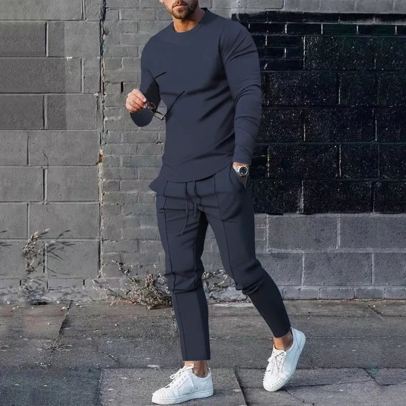 Men's light grey round neck long sleeve T-shirt and trousers two-piece polyester casual set