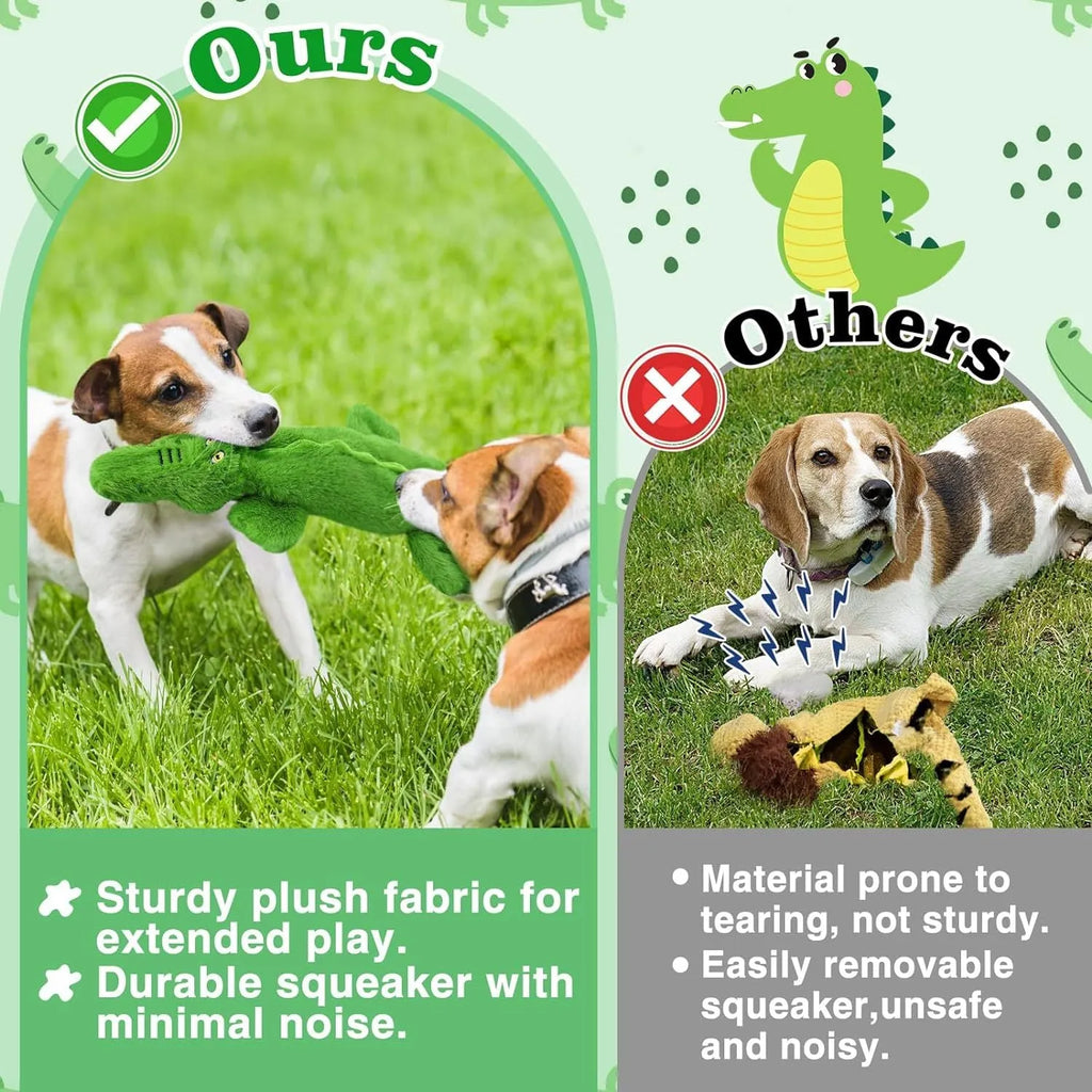 Green crocodile-shaped plush dog toy with no-stuffing construction for safe chewing