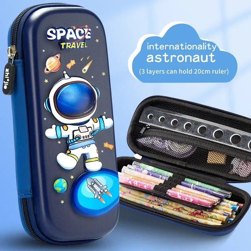 3D leather pencil case with embossed holographic character design showing textured surface detail