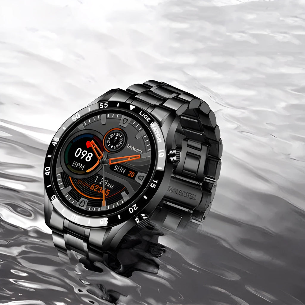 Smart watch with stainless steel wristband and 1.3-inch touch screen display showing time interface