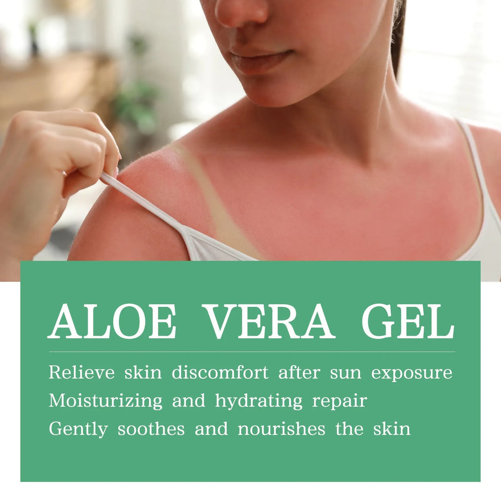 Aloe vera gel and tanning cream bottles for after-sun repair and natural tanning.
