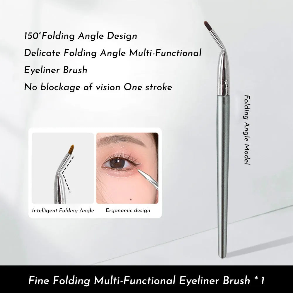 Close-up of a bent head eyeliner brush for precise under eye and tear trough makeup application.