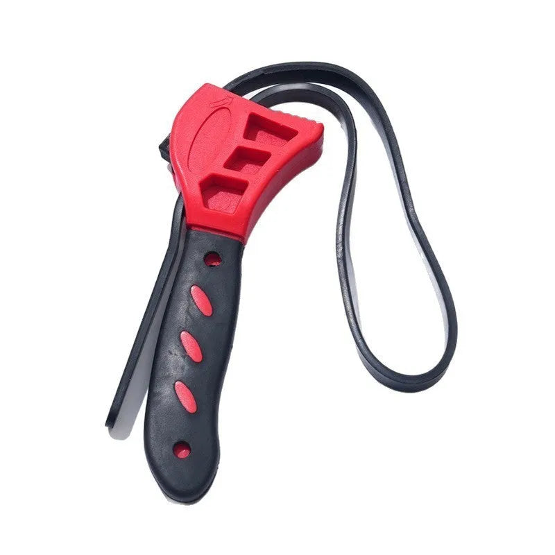 6-inch and 8-inch adjustable rubber strap wrench set with plastic rubber strap and metal handle.