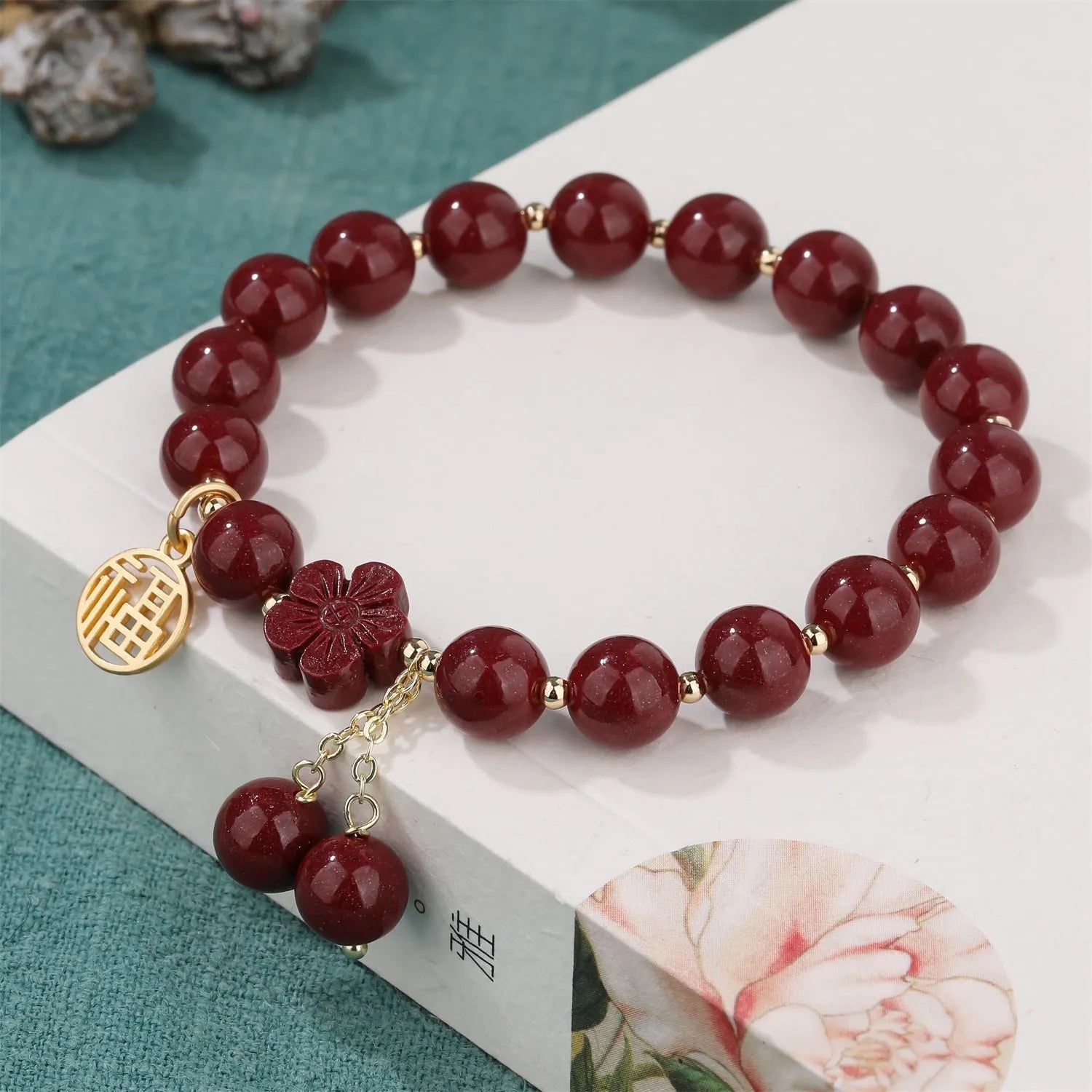 Retro national style cinnabar bracelet with purple gold sand, fu character and peach blossom motifs