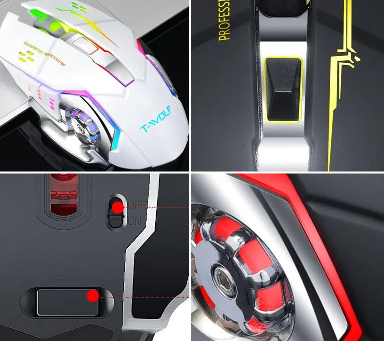 Wireless charging mouse with mute click buttons in black or white colour options