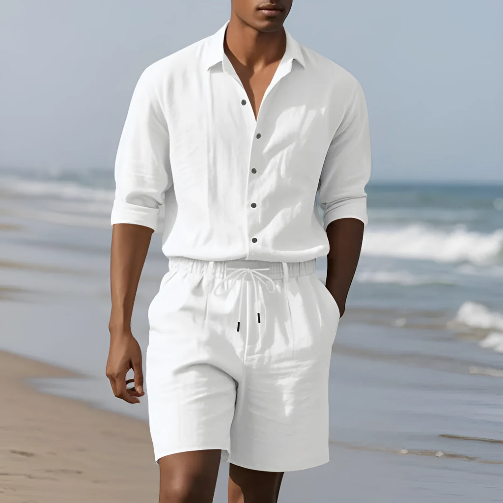 Men's linen shorts suit set showing long sleeve shirt and casual shorts in a light colour