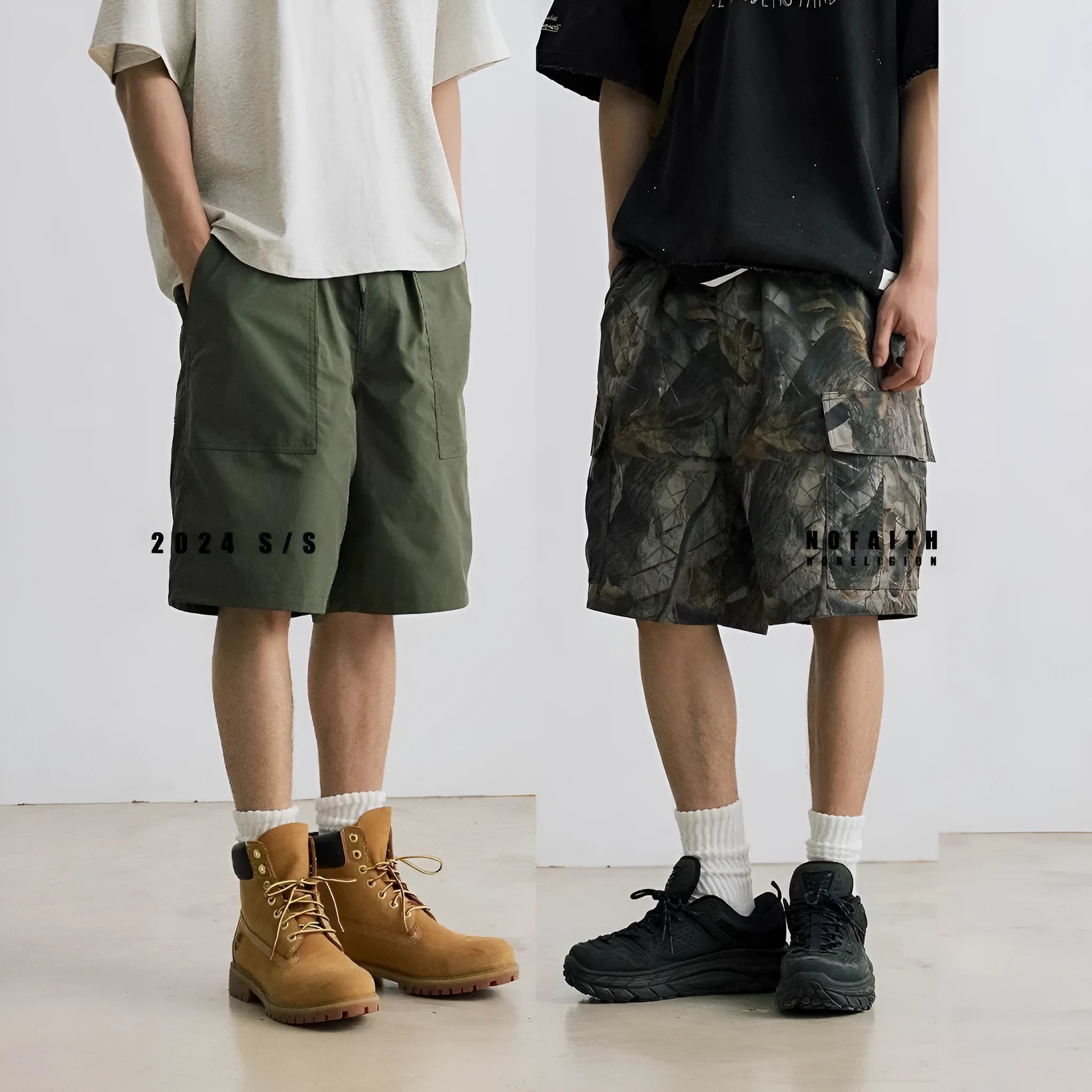 Loose casual straight-leg denim shorts in army green with a zip fly and elasticated waistband.