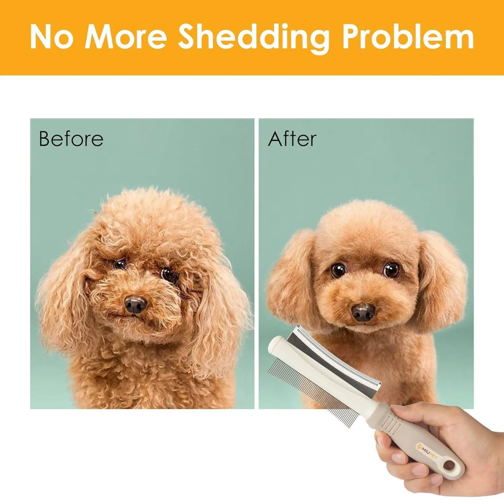 White double-sided pet grooming brush with deshedding and comb functions, curved design, ergonomic handle
