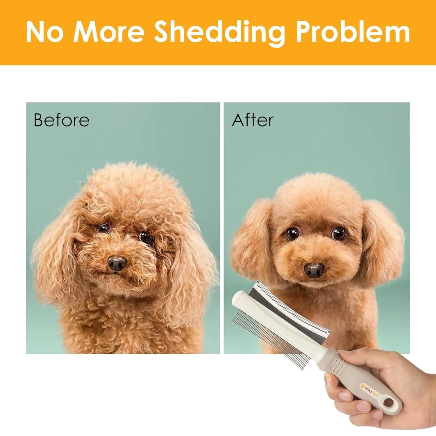 White double-sided pet grooming brush with deshedding and comb functions, curved design, ergonomic handle