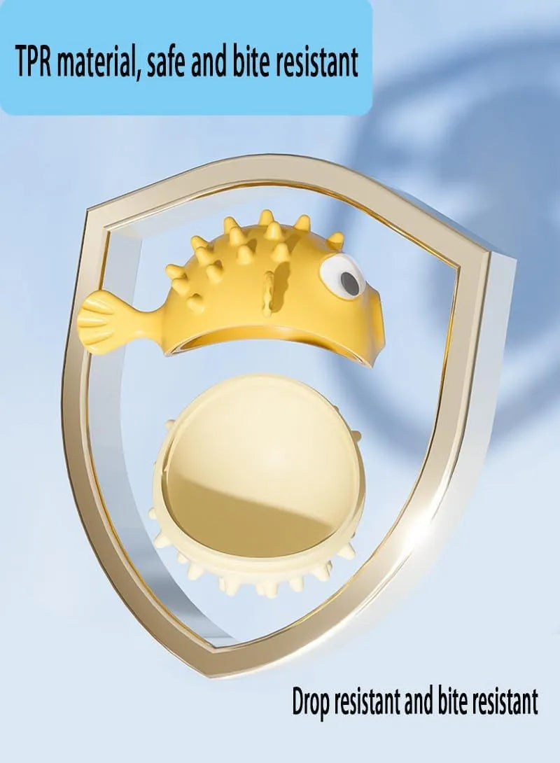 Fish-shaped interactive dog toy with treat dispensing opening and textured surface for medium and large dogs