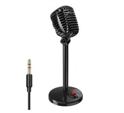 Black USB condenser microphone on an adjustable stand with a foam pop filter and weighted base.