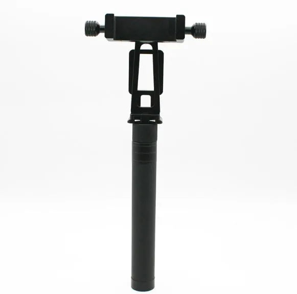 Black retractable selfie stick with Bluetooth remote, extended to full length with a smartphone attached.