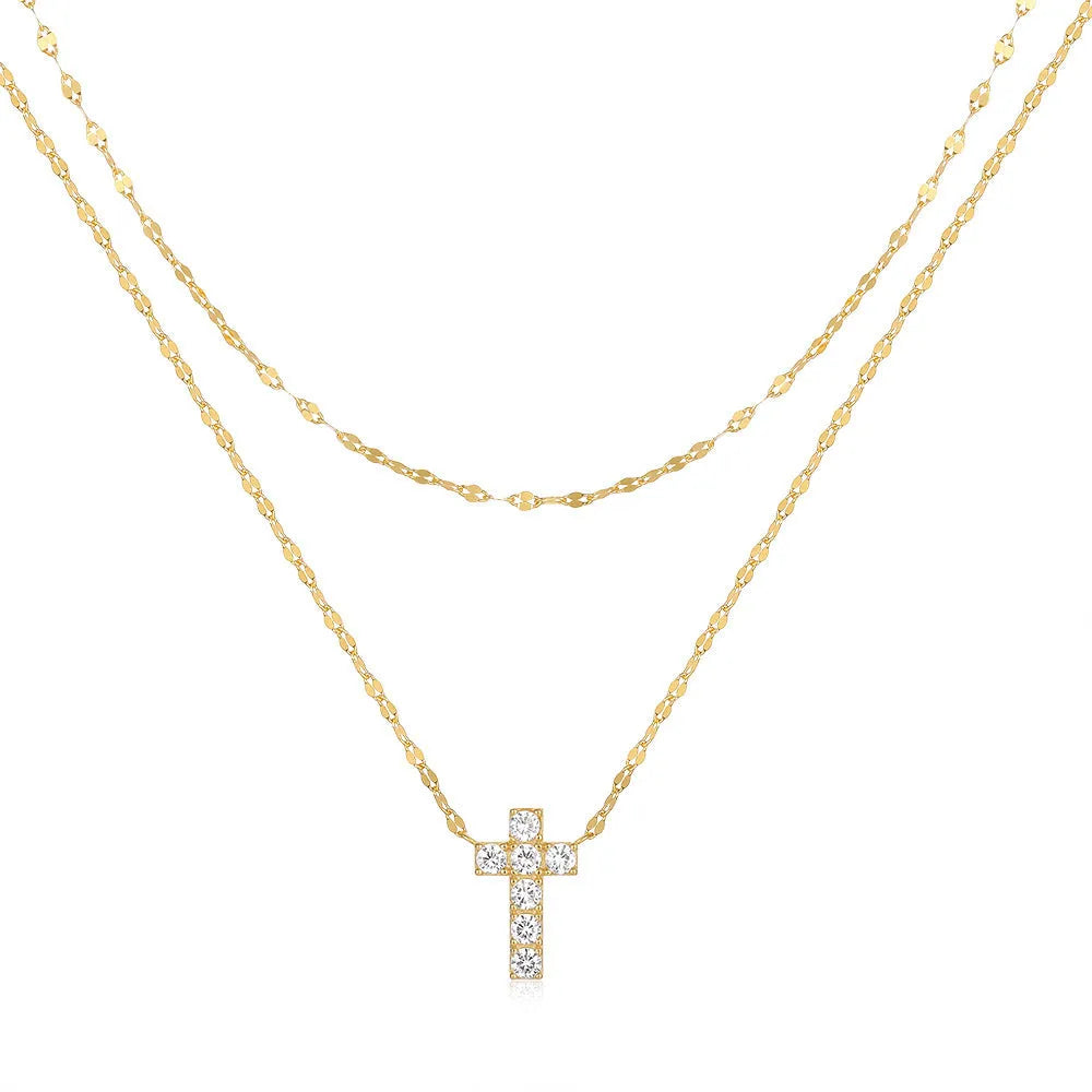 S925 sterling silver double layer twin diamond cross pendant necklace with clavicle chain in gold colour finish