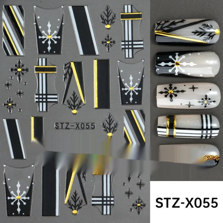 Plastic sheet of black, silver, and cartoon design nail art stickers for DIY manicures.