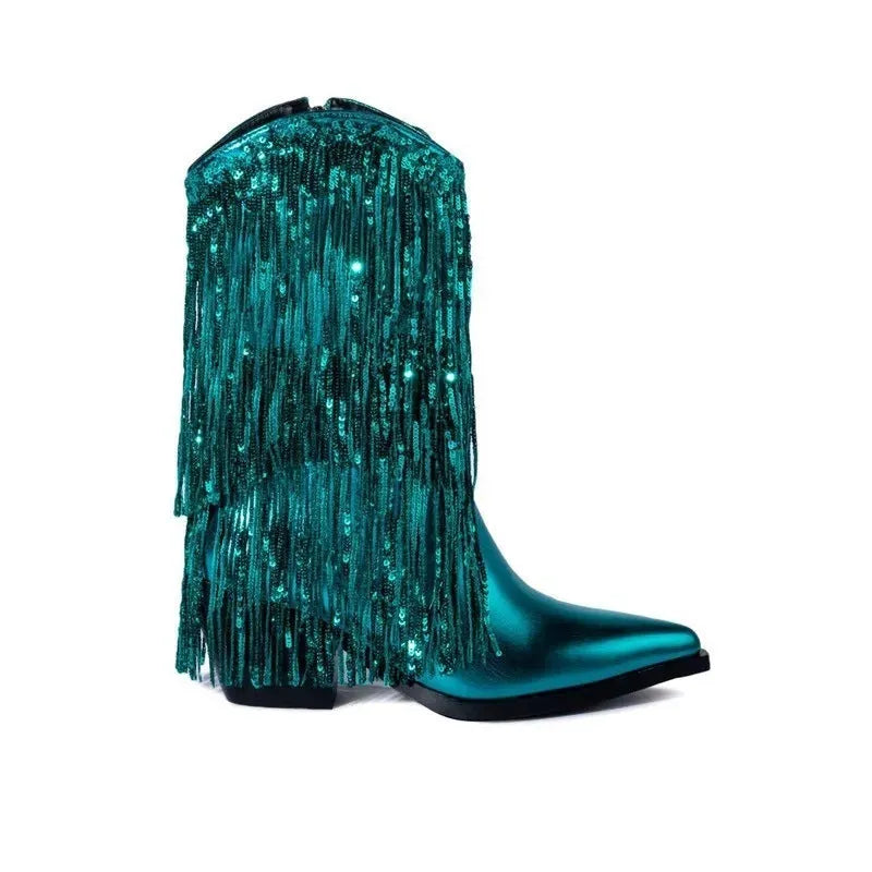 Women's black PU leather chunky heel tassel boots with pointed toe and high stiletto heel on a white background.