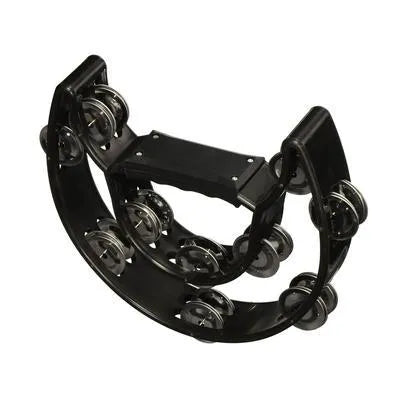Double moon shaped black plastic tambourine with handle, 25 x 20 cm, on a light background