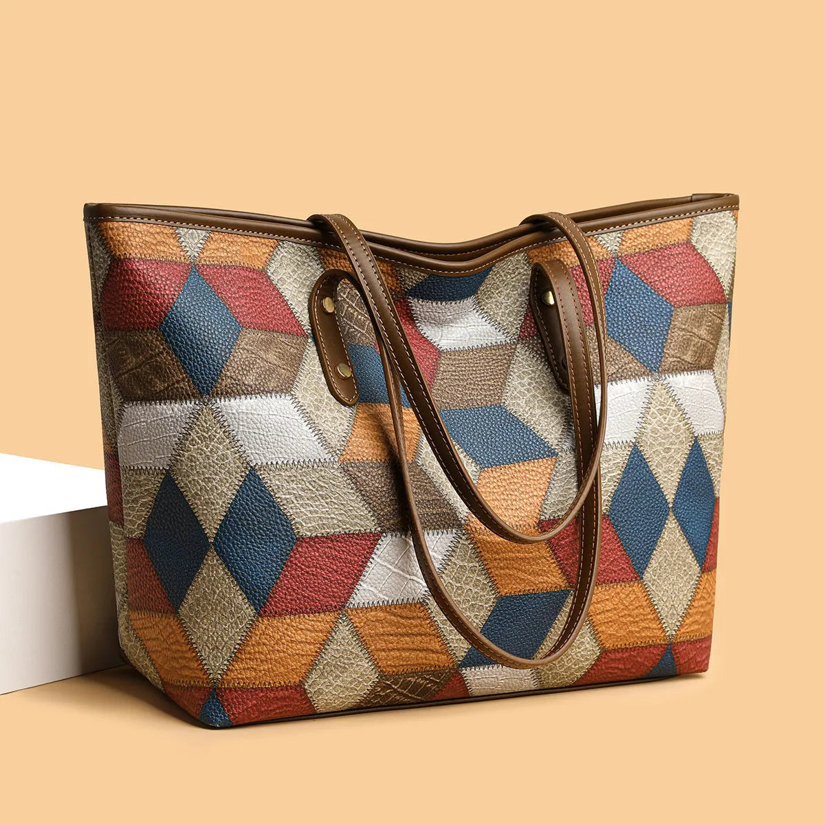 Women's large capacity PVC shoulder bag in blue brown colour with sandwich pocket design