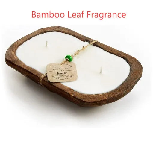 Retro-style lavender aromatherapy candle in a wooden basin made from soy wax.