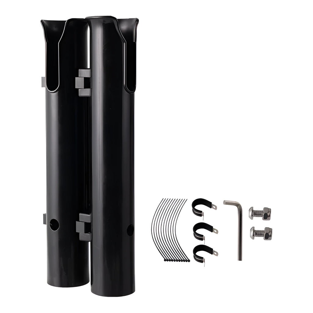 Plastic fishing rod rack with carbon finish mounted on a bicycle handlebar
